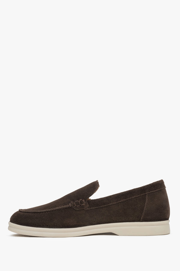 Dark brown women’s suede loafers by Estro – side view.