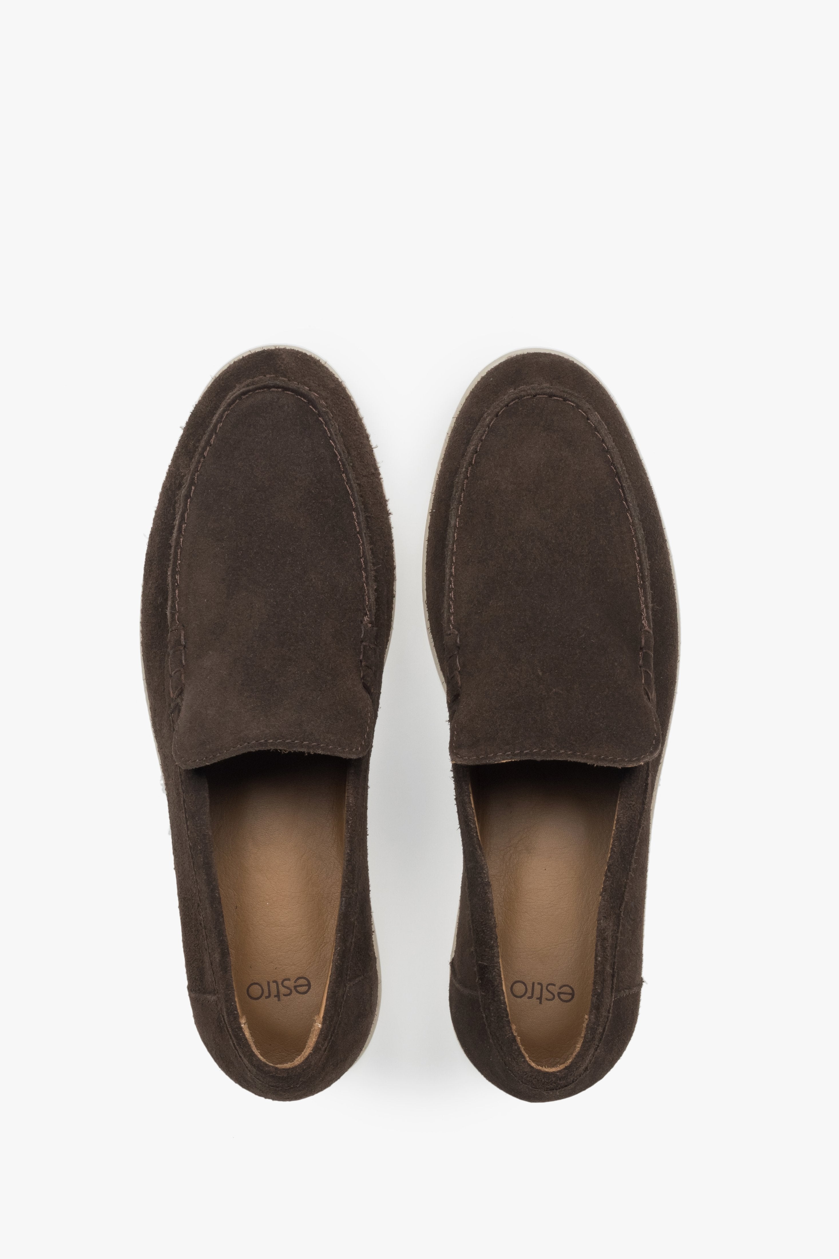 Chocolate brown women’s suede loafers by Estro – top view.