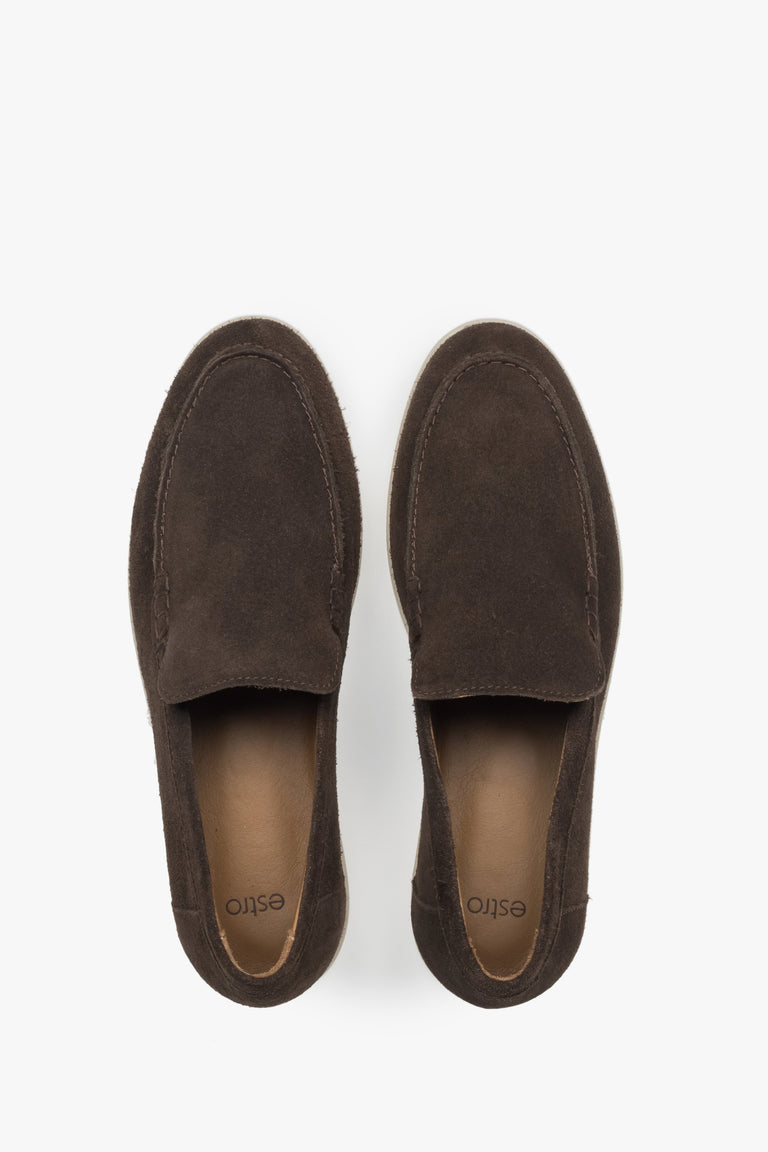 Chocolate brown women’s suede loafers by Estro – top view.