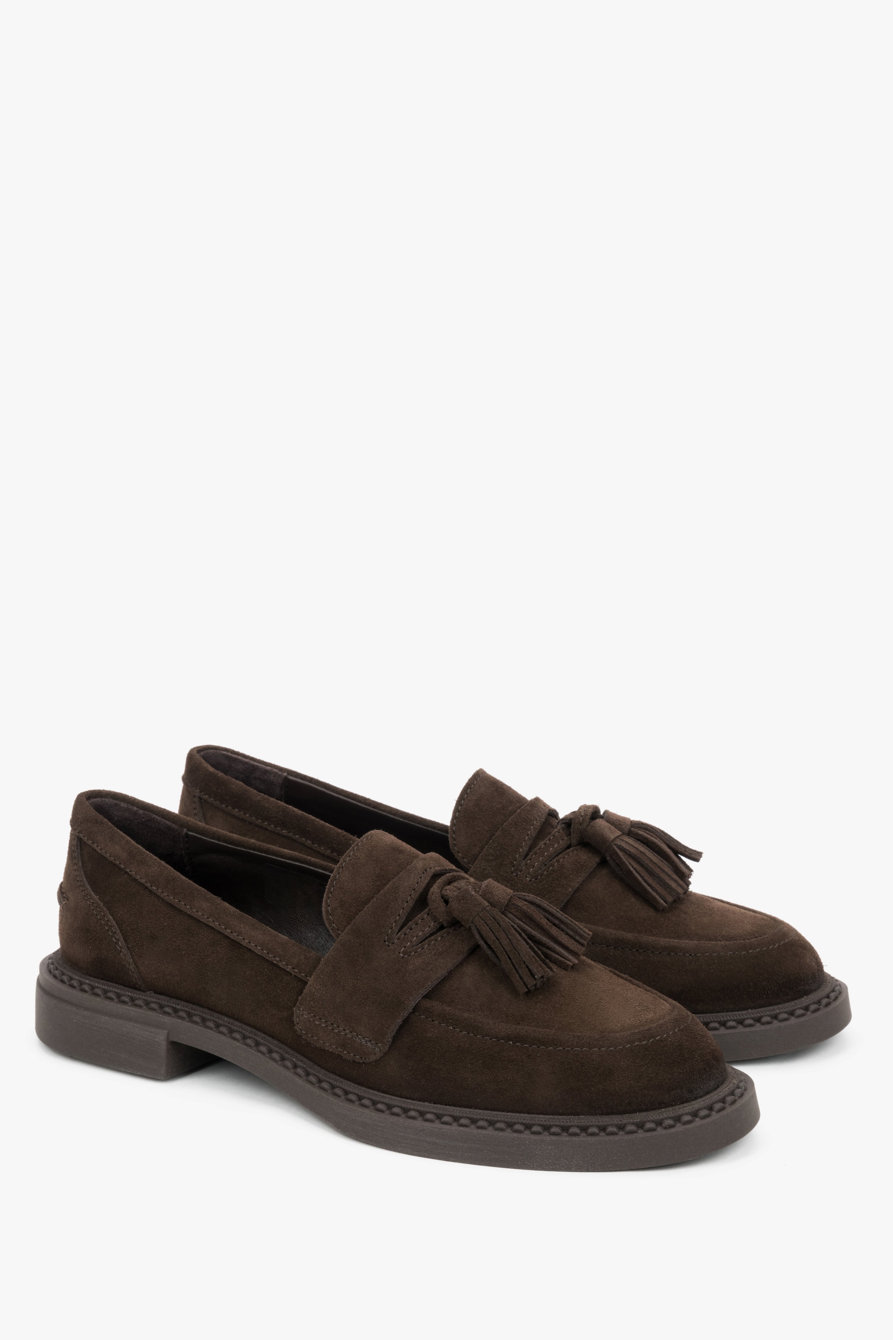 Women’s chocolate brown tassel loafers made from premium genuine Italian velour by Estro.