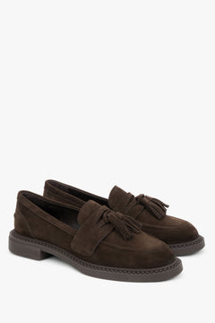 Women’s chocolate brown tassel loafers made from premium genuine Italian velour by Estro.