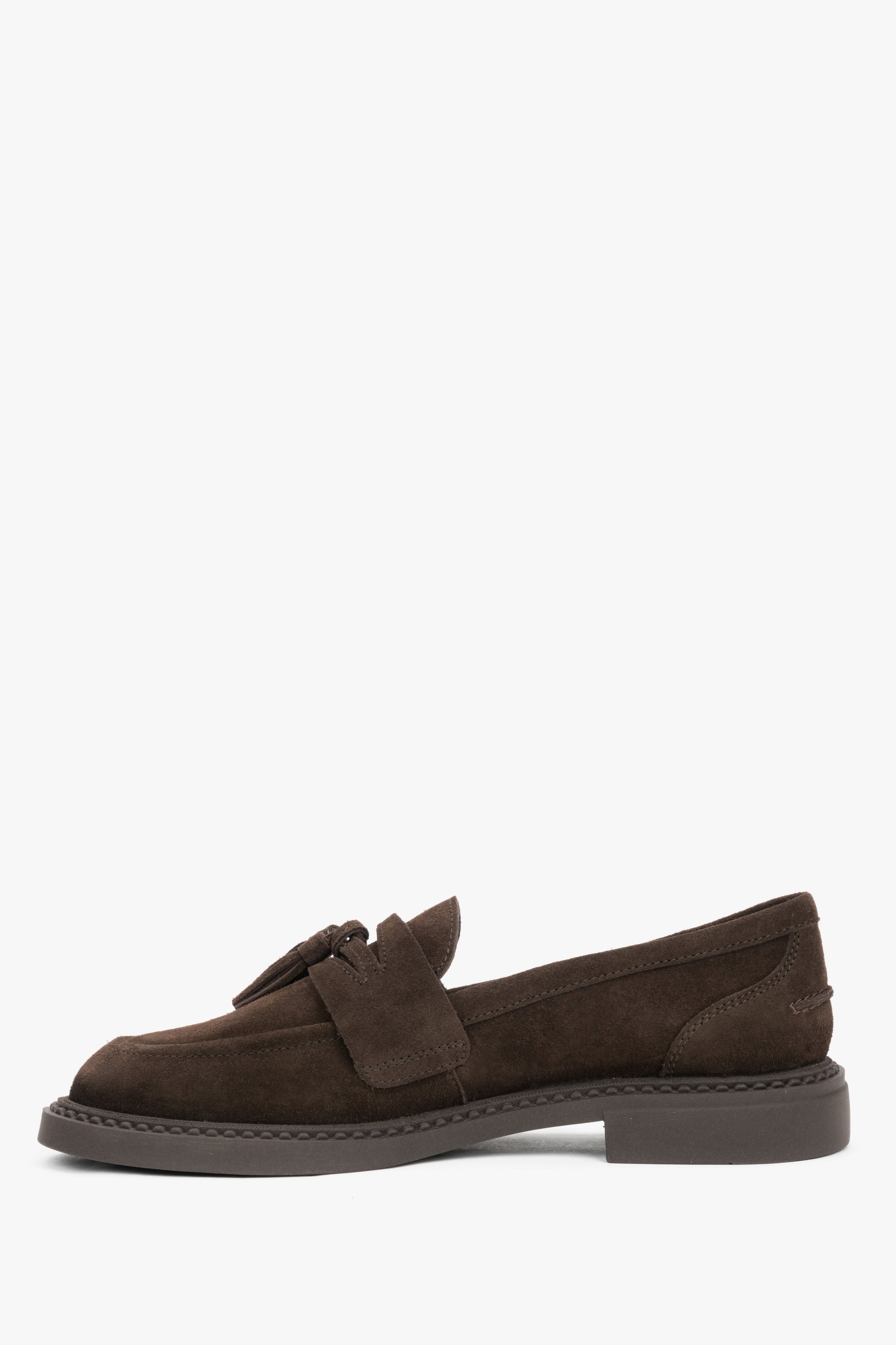 Women’s tassel loafers in chocolate brown, made from premium genuine Italian velour by Estro.