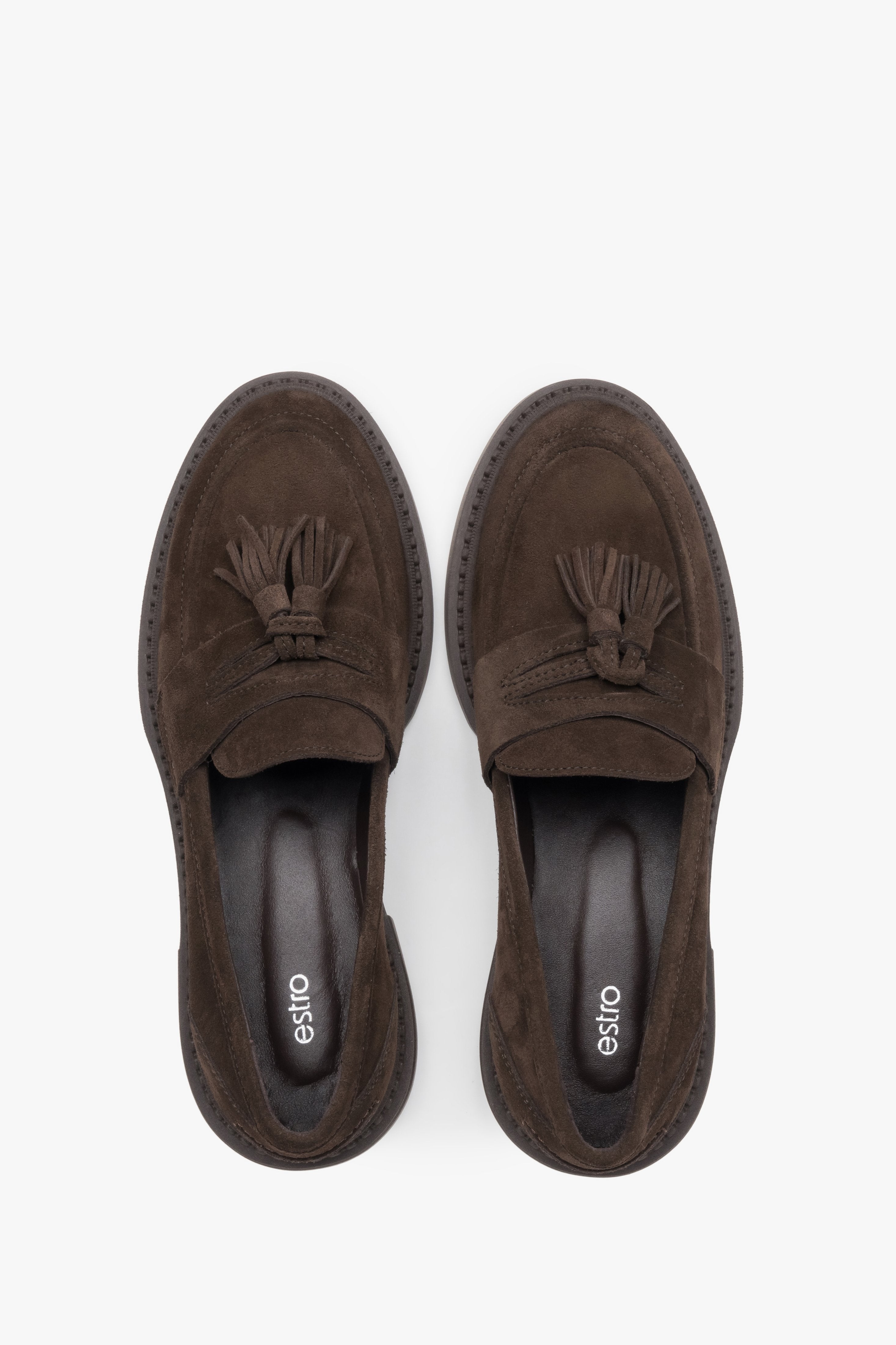Chocolate brown women’s tassel loafers from Estro, made from premium genuine Italian velour – top view.
