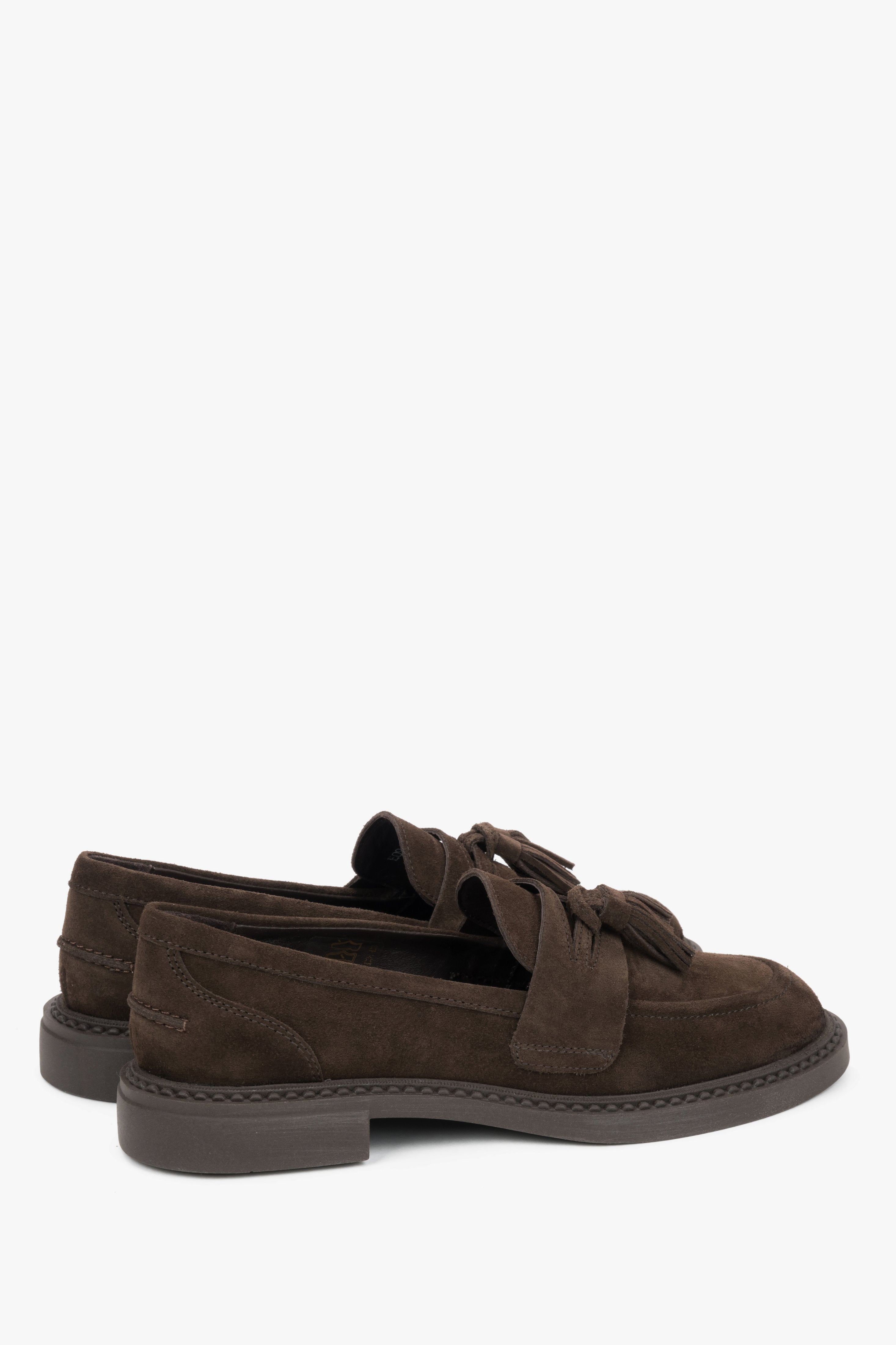 Chocolate brown women’s tassel loafers by Estro, made from premium genuine Italian velour.