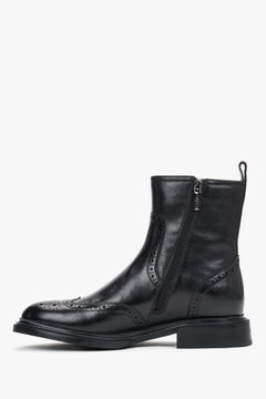 Women's ankle boots, black, made of natural leather, with classic brogue detailing, Estro.