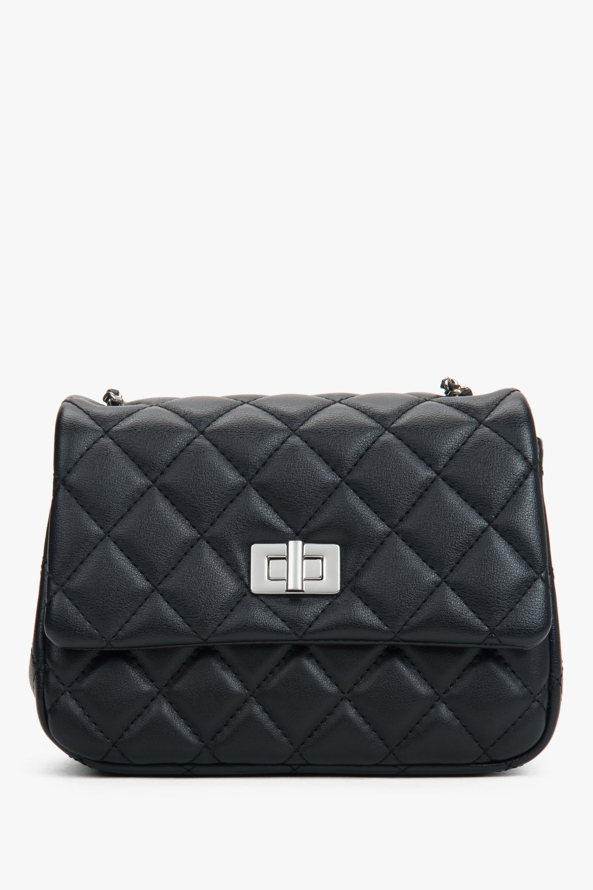 Women's classic black quilted shoulder bag with silver chain strap Estro.