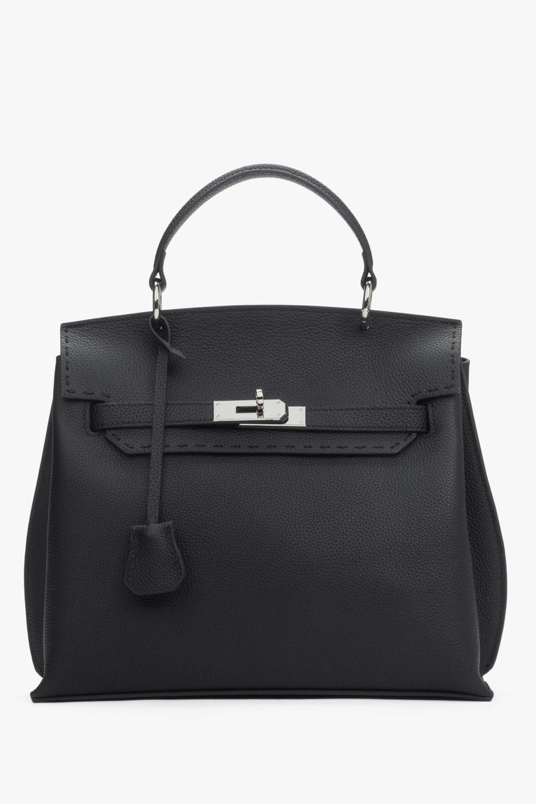 Women’s black satchel bag crafted from genuine leather.