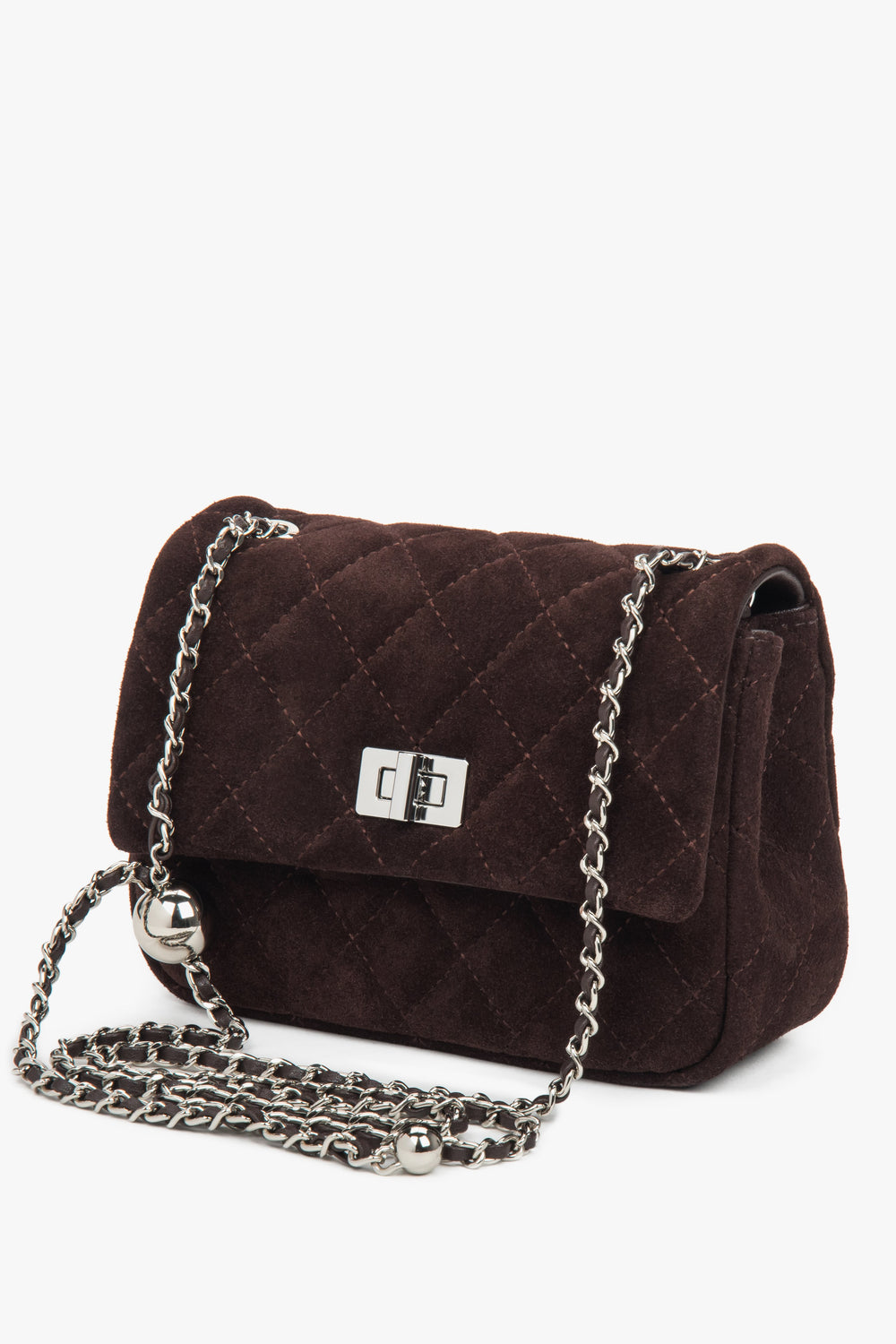 Women's Classic Dark Brown Quilted Velour Shoulder Bag with Silver Chain Estro ER00118437.