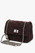 Women's Classic Dark Brown Quilted Velour Shoulder Bag with Silver Chain Estro ER00118437.