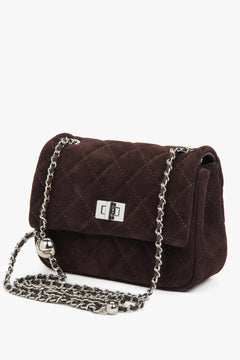 Women's Classic Dark Brown Quilted Velour Shoulder Bag with Silver Chain Estro ER00118437.