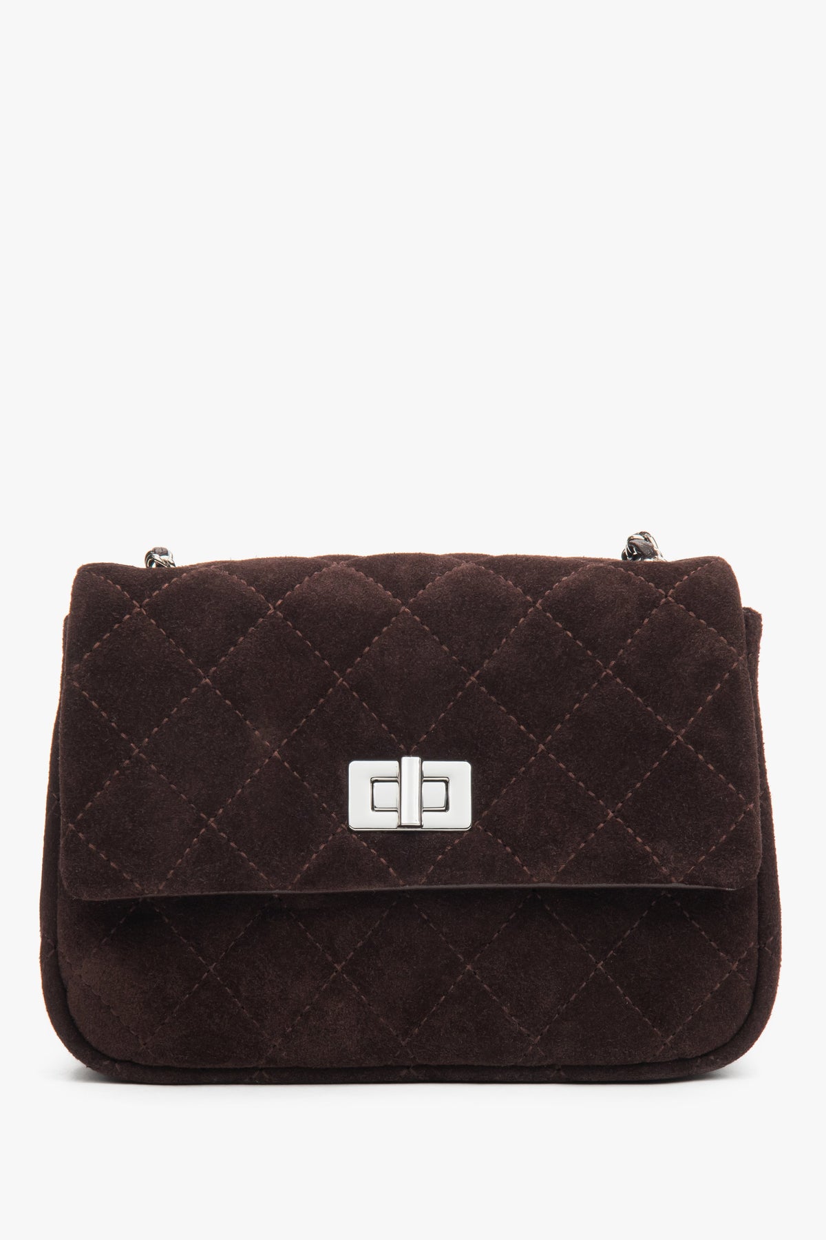 Women's classic dark brown quilted velour shoulder bag with silver chain strap Estro.