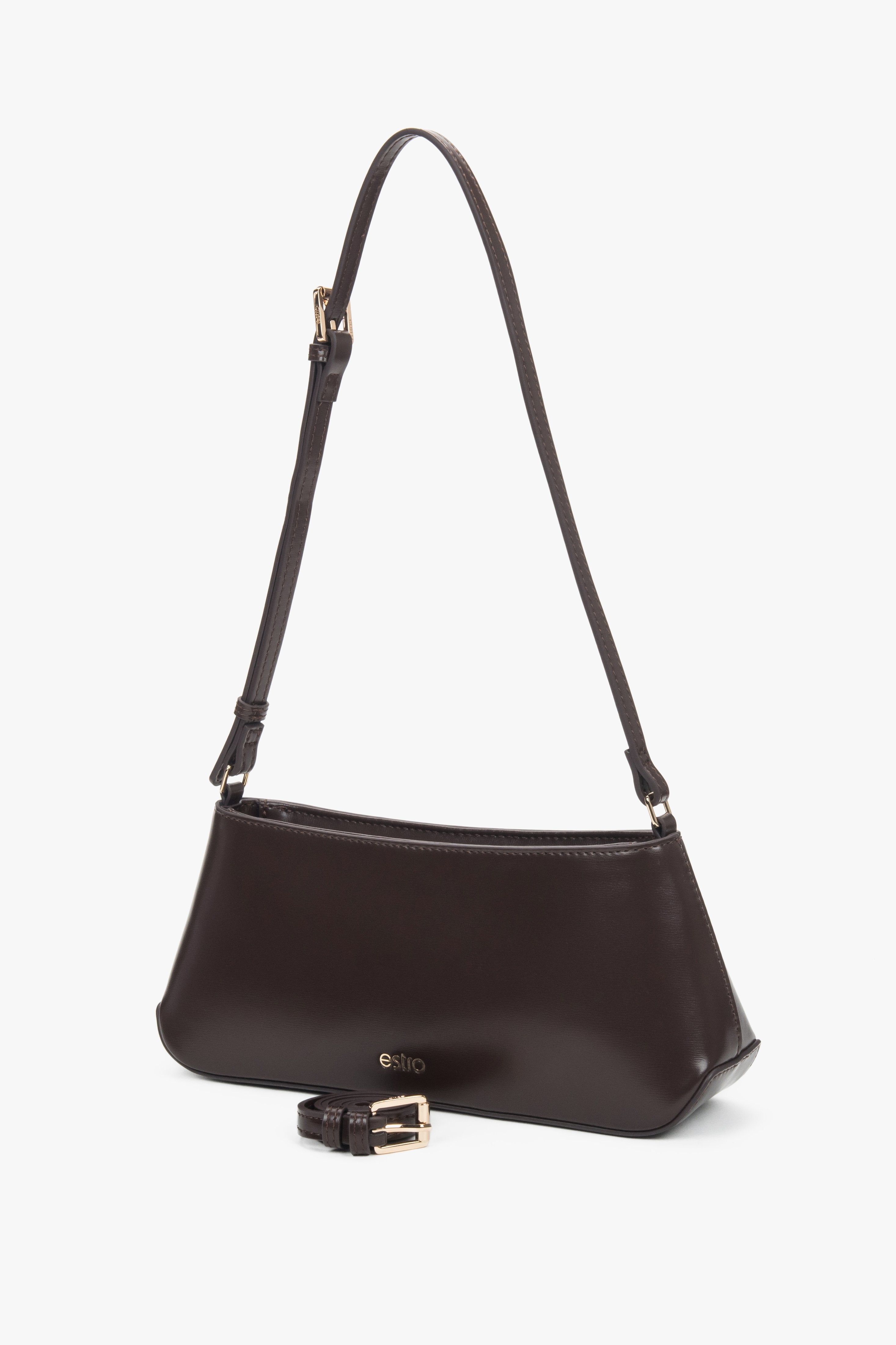 Women's, elegant, dark brown shoulder bag made of natural leather Estro.