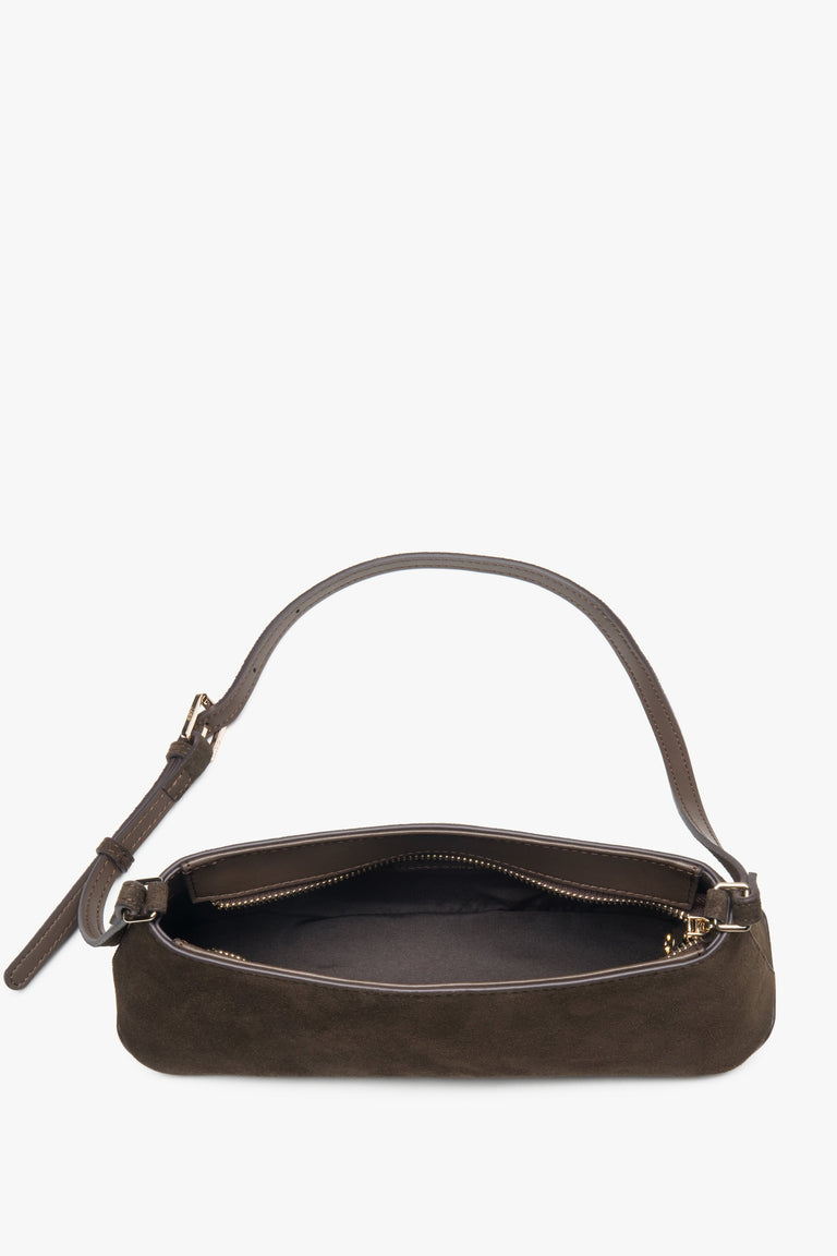Dark brown elegant women’s shoulder bag made of genuine velour, Estro.