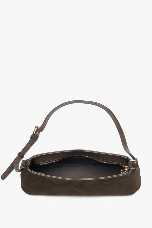 Dark brown elegant women’s shoulder bag made of genuine velour, Estro.