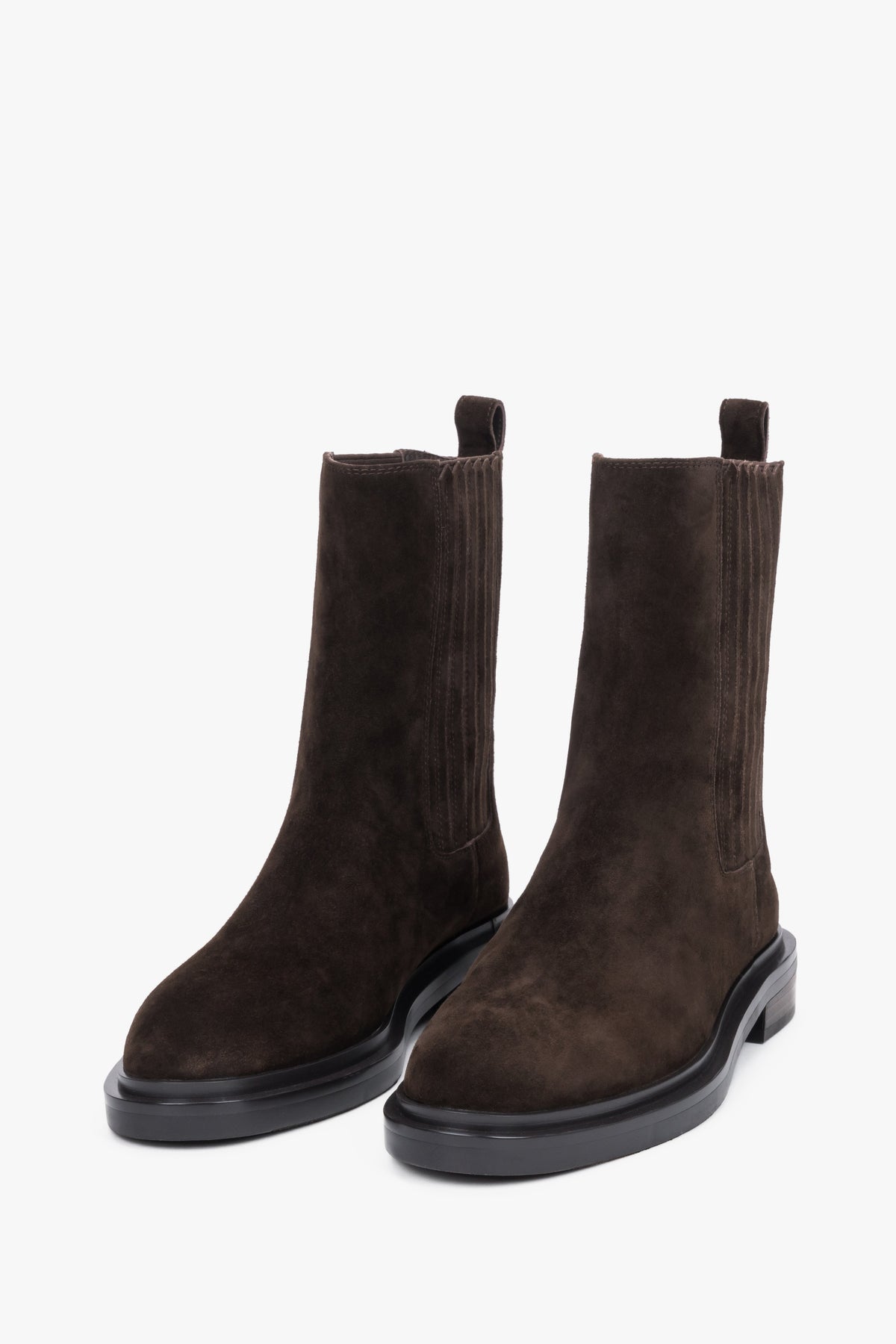 Women's classic dark brown genuine velour Chelsea boots with elastic side panels Estro.