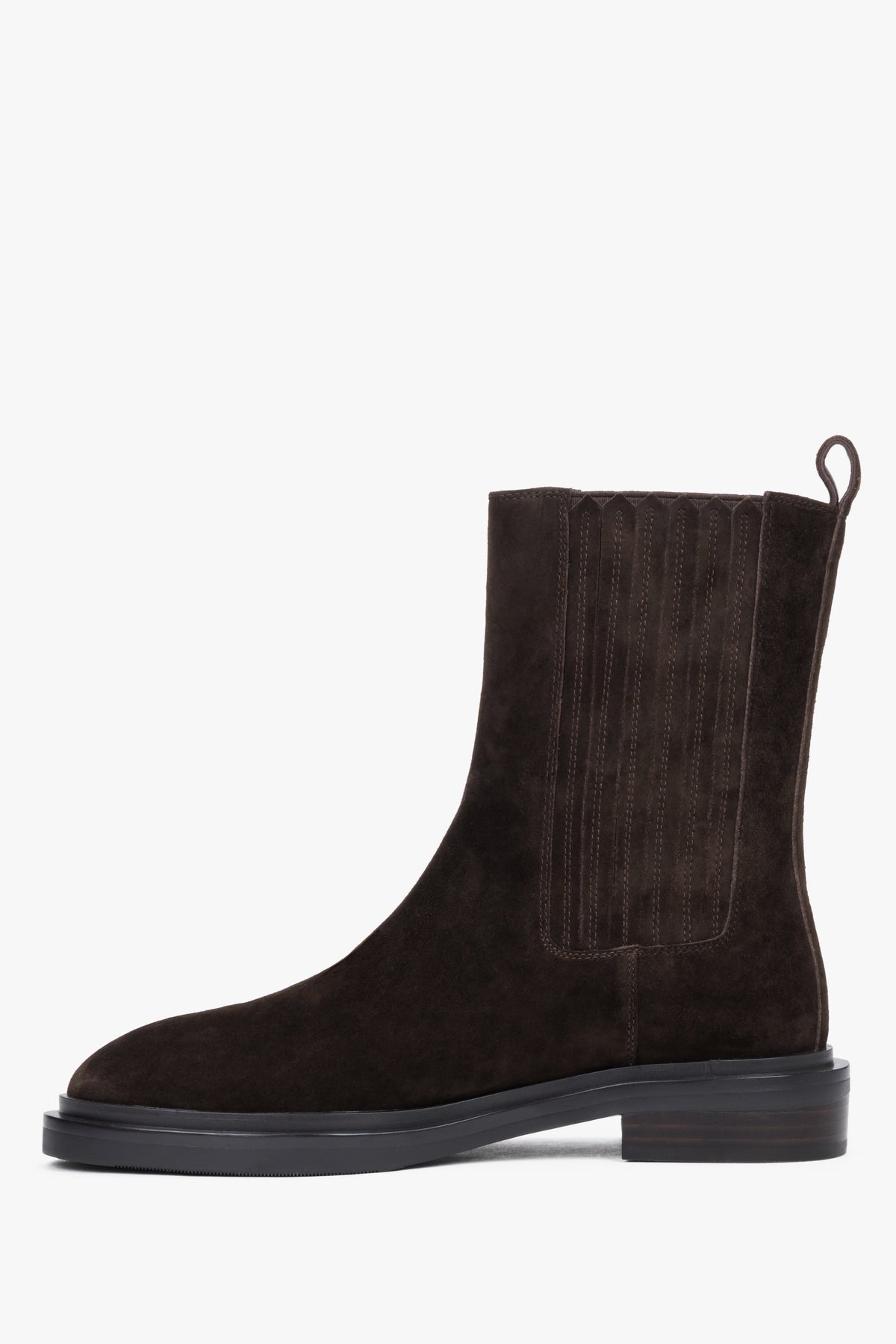 Women's Chelsea boots, classic, dark brown, made of natural velour, with elastic gores, Estro.