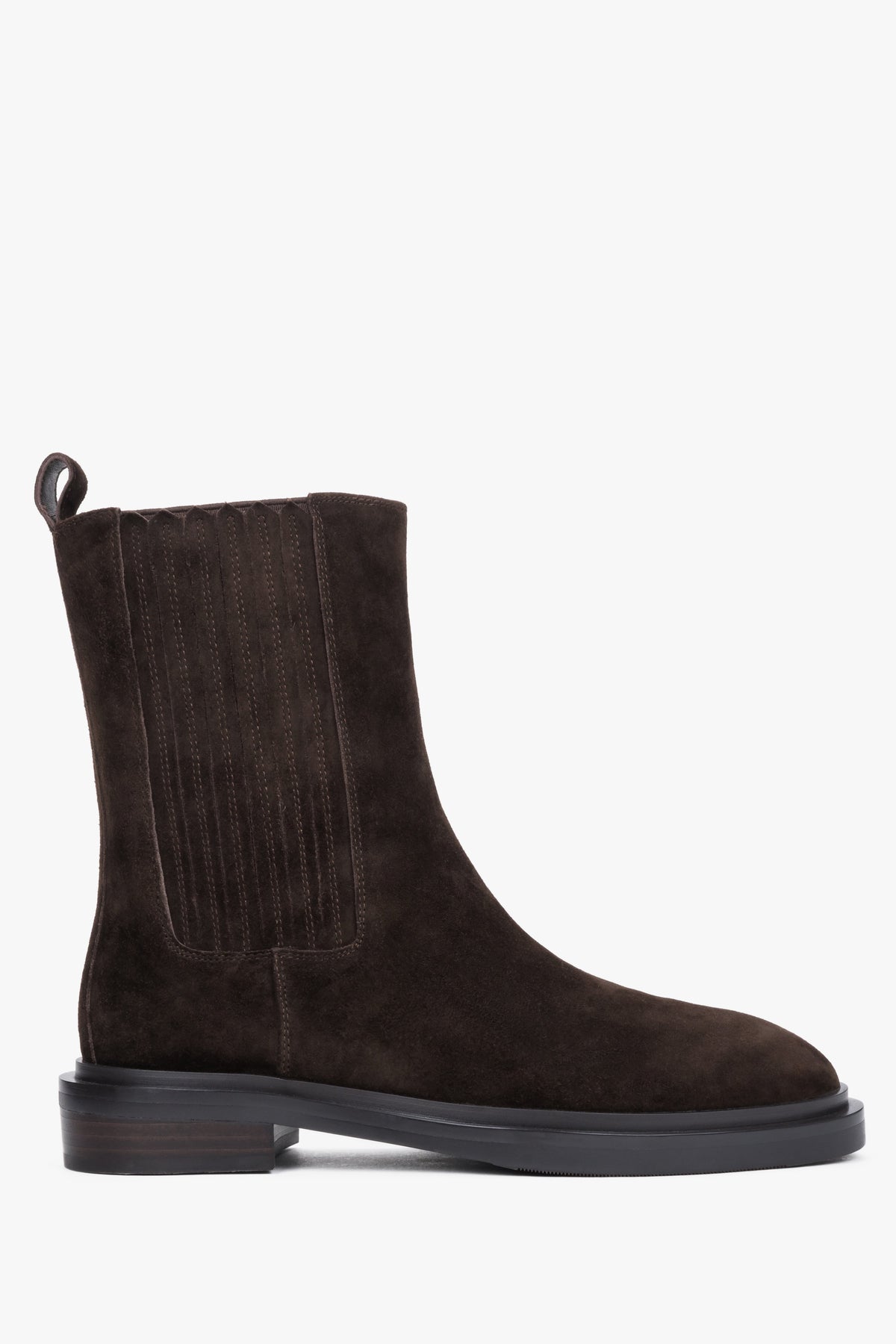 Women's classic dark brown genuine velour Chelsea boots with elastic side panels Estro.
