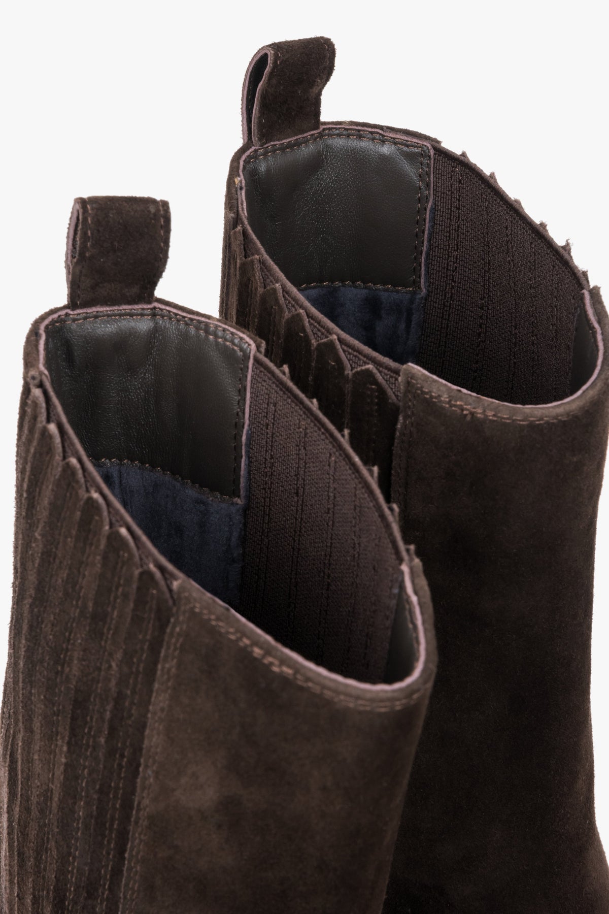 Dark brown women's velour Chelsea boots Estro, classic design with elastic gores - close-up of details.