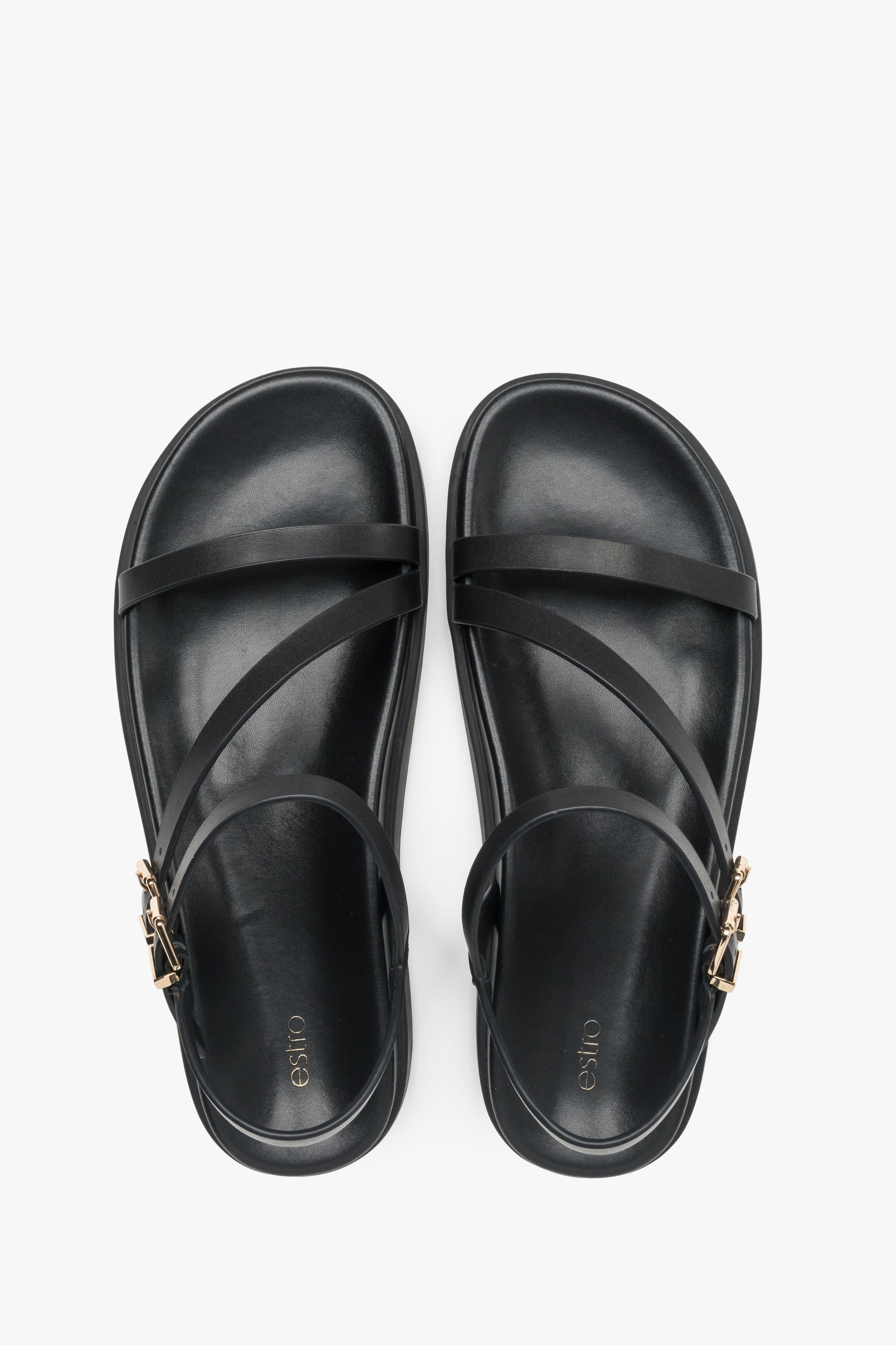 Comfortable women’s sandals, black, made of leather, with thin straps, Estro.