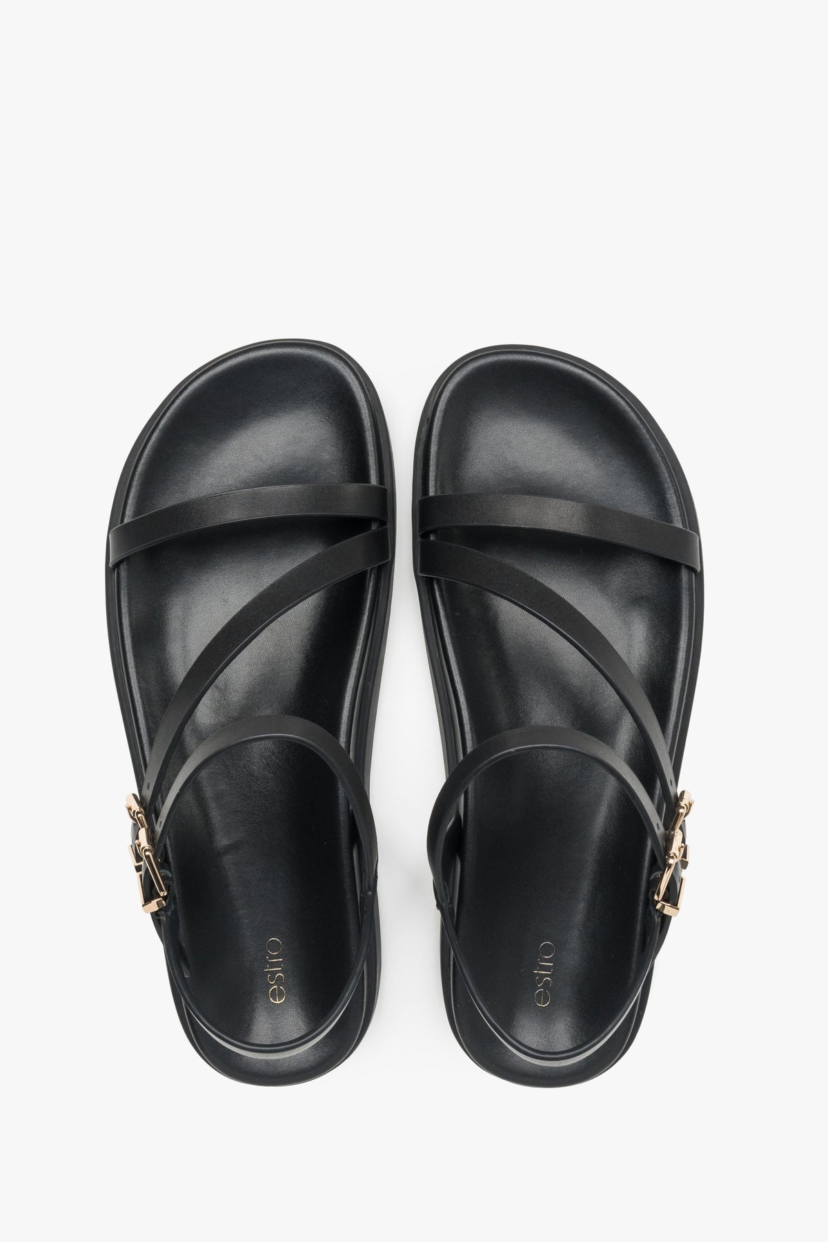 Comfortable women’s sandals, black, made of leather, with thin straps, Estro.