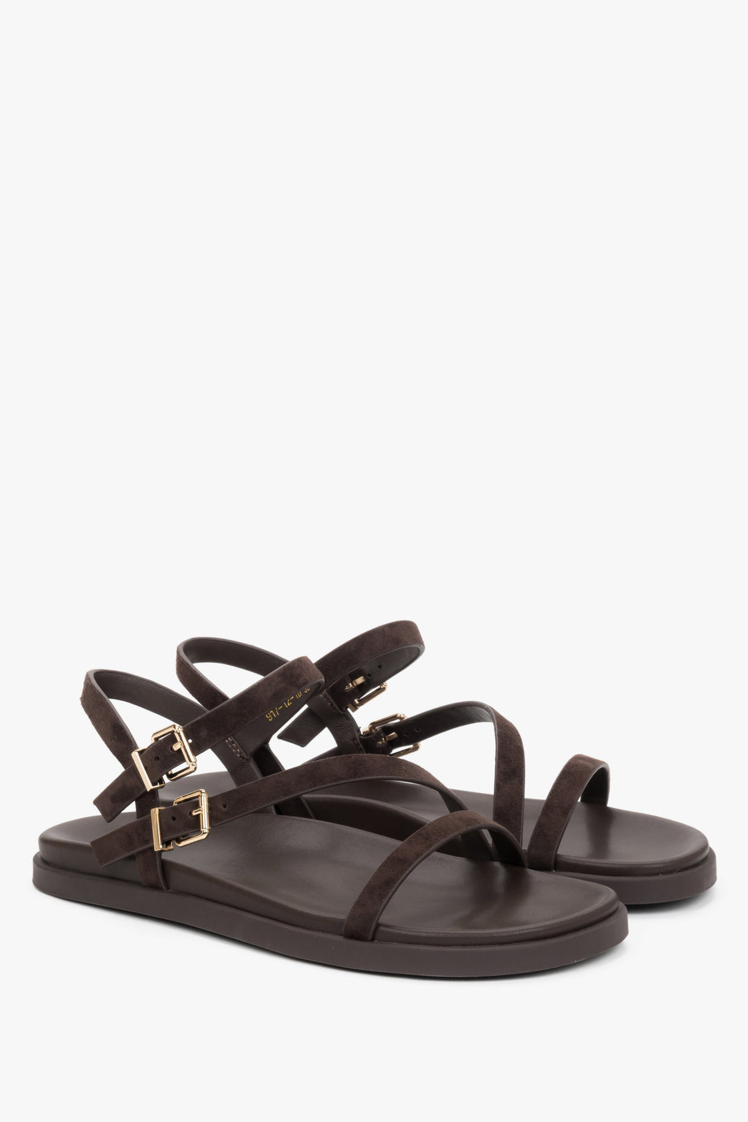 Comfortable women’s dark brown velour sandals with thin straps.