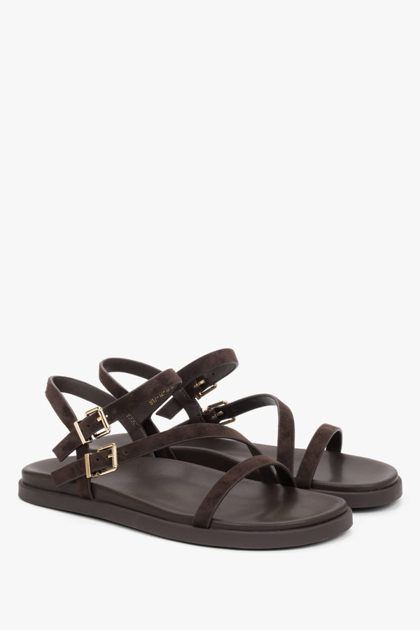 Comfortable women’s dark brown velour sandals with thin straps.