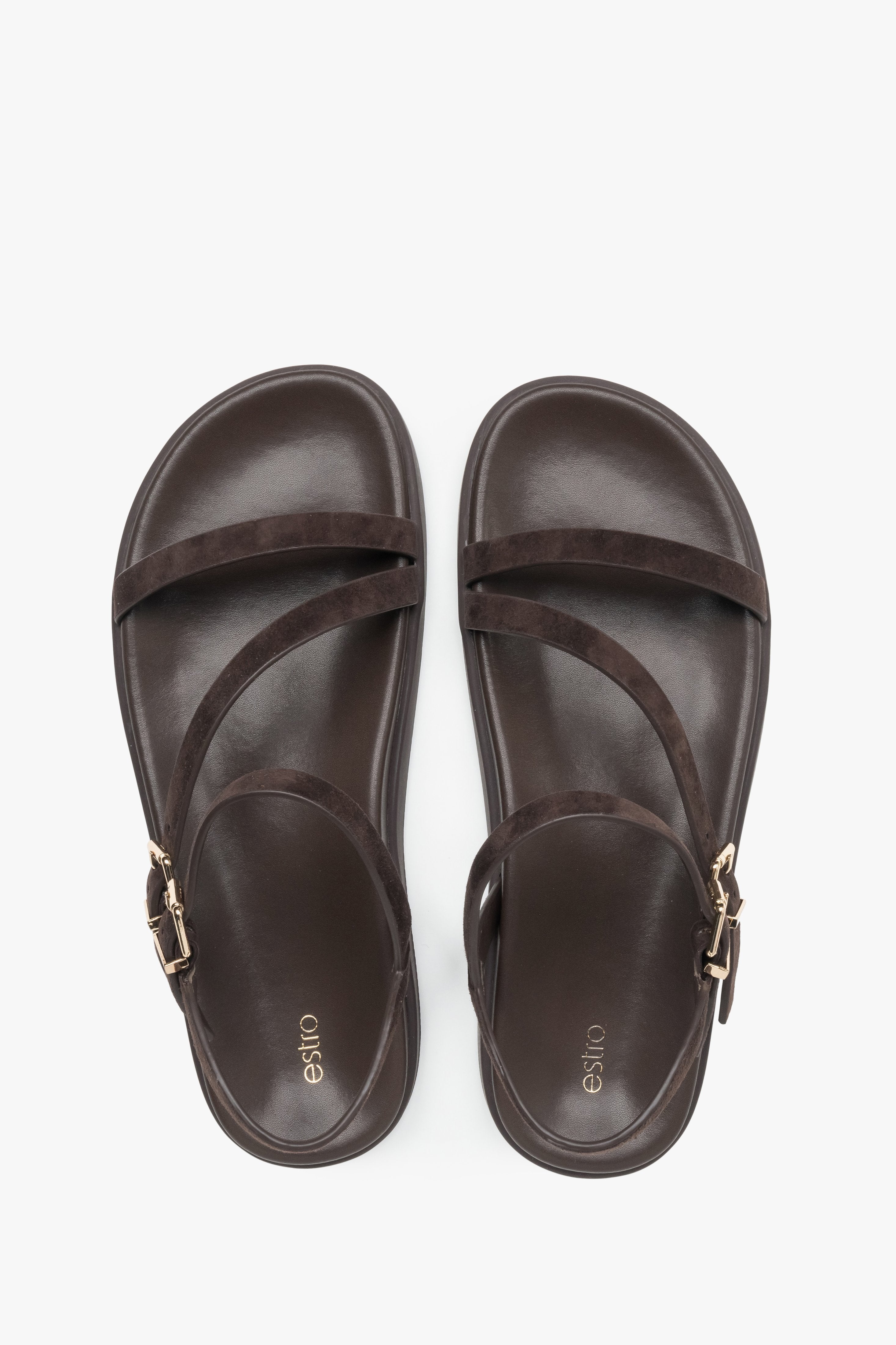 Comfortable women’s sandals, dark brown, made of natural velour, with thin straps, Estro.