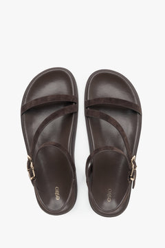 Comfortable women’s sandals, dark brown, made of natural velour, with thin straps, Estro.
