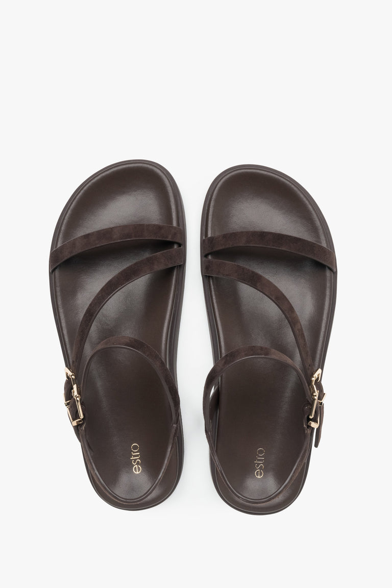 Comfortable women’s sandals, dark brown, made of natural velour, with thin straps, Estro.