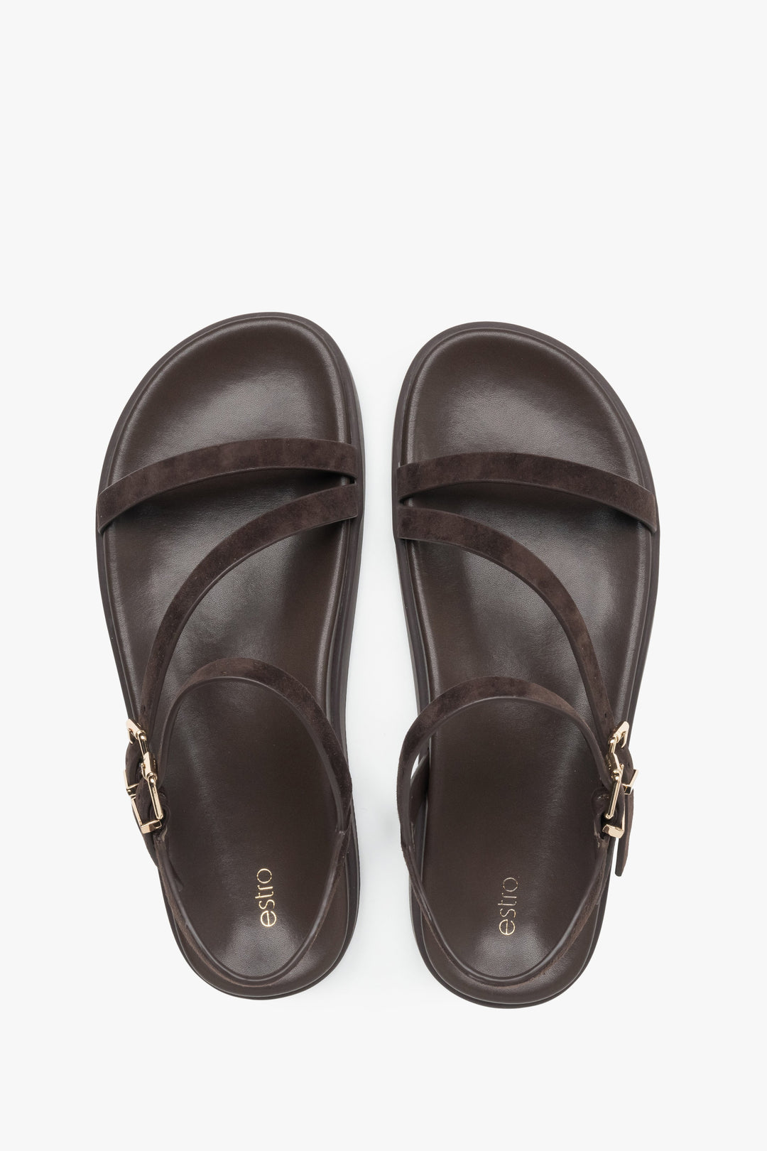 Comfortable women’s sandals, dark brown, made of natural velour, with thin straps, Estro.