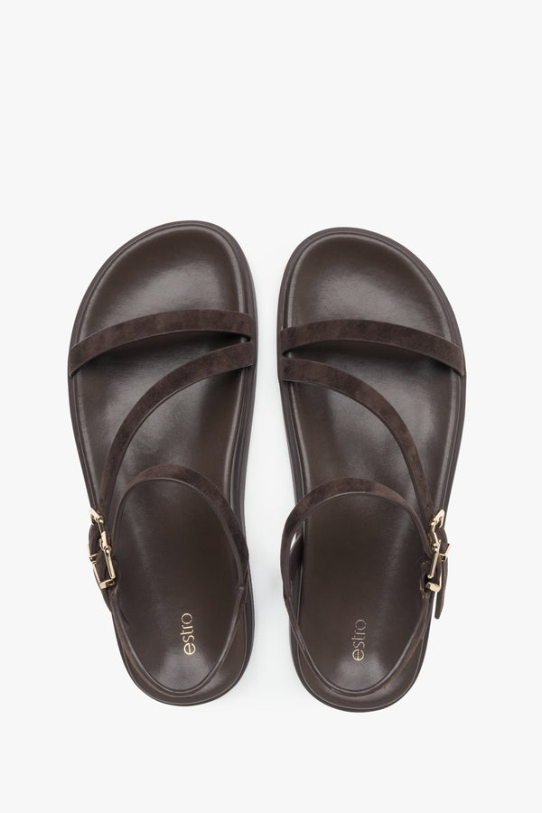 Comfortable women’s sandals, dark brown, made of natural velour, with thin straps, Estro.