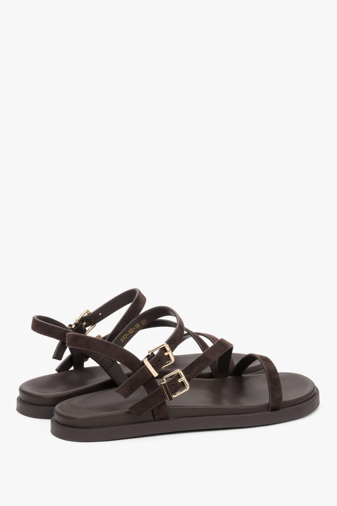 Made of natural velour, comfortable dark brown women’s sandals with thin straps Estro.