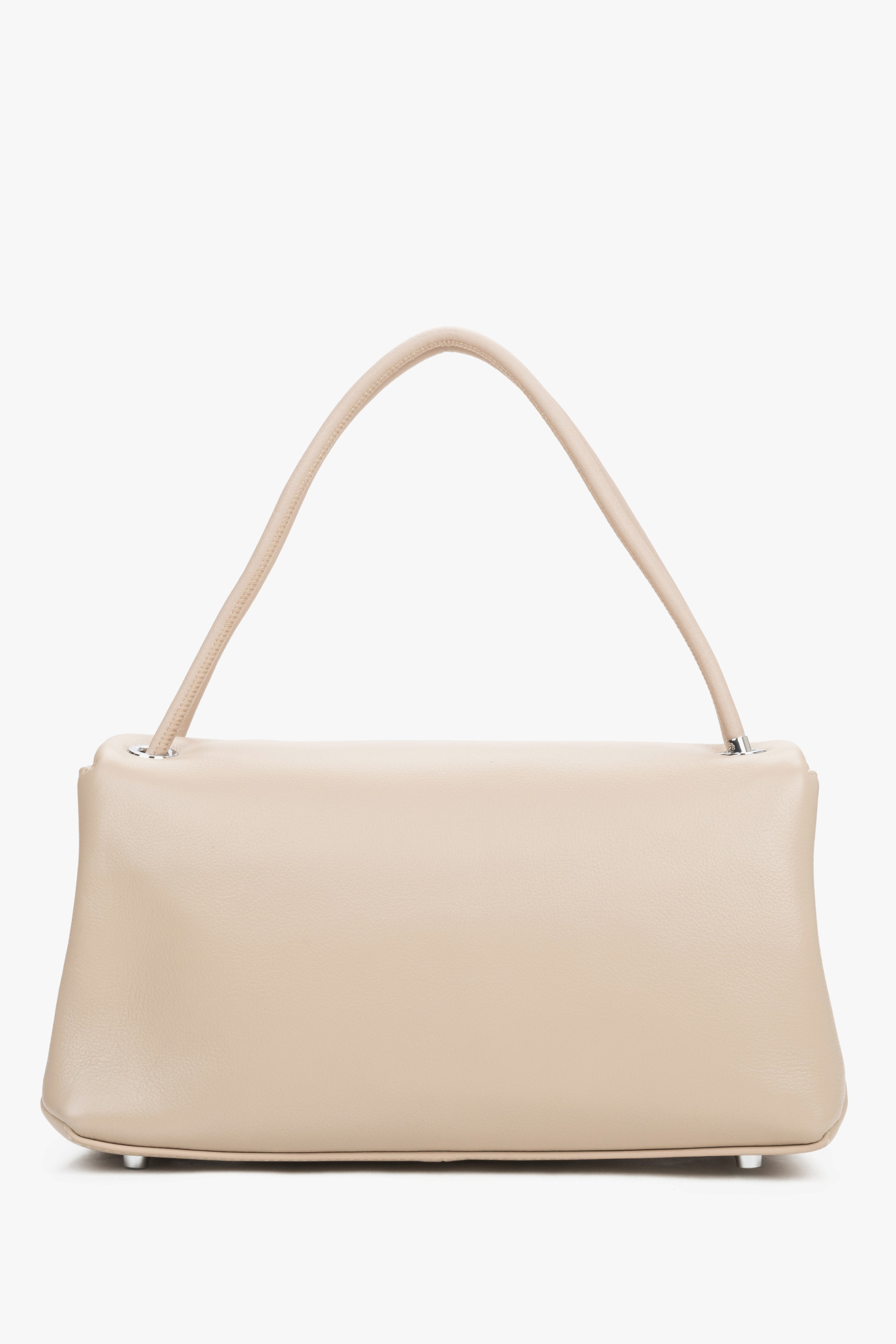 Compact beige women’s crossbody bag made of genuine leather– back view.