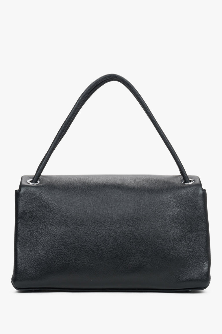 Compact black women’s crossbody bag made of genuine leather– back view.