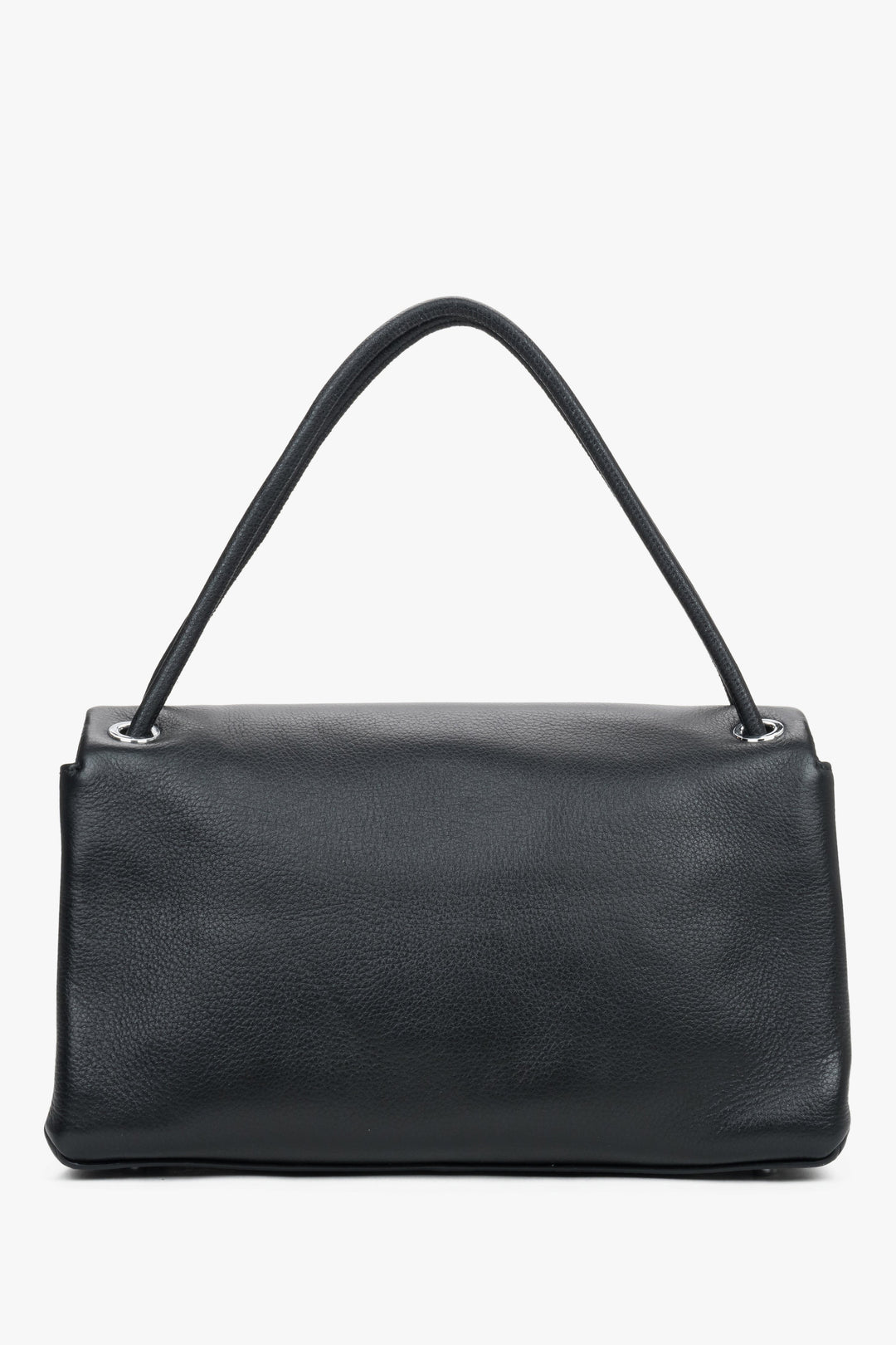 Compact black women’s crossbody bag made of genuine leather– back view.