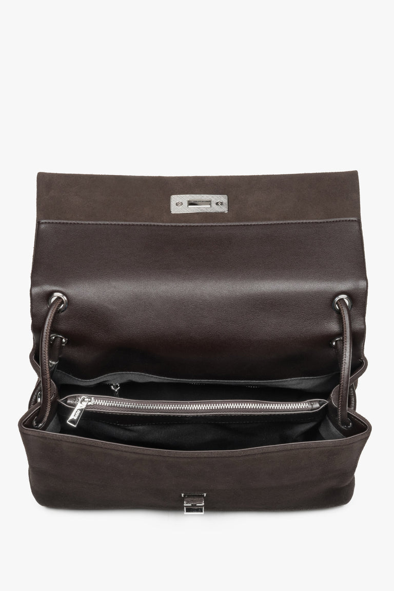 Compact dark brown women’s crossbody bag made of genuine velour by Estro.
