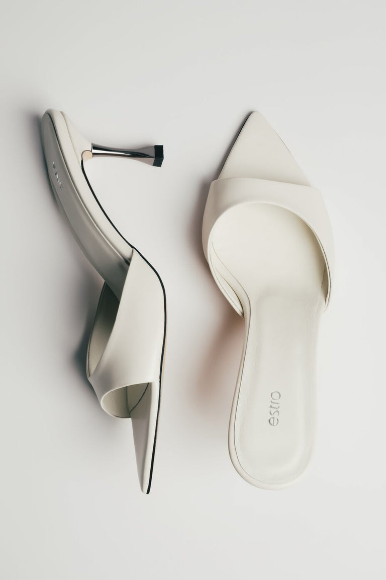 Women's cream beige leather heeled mules with pointed open toe by Estro
