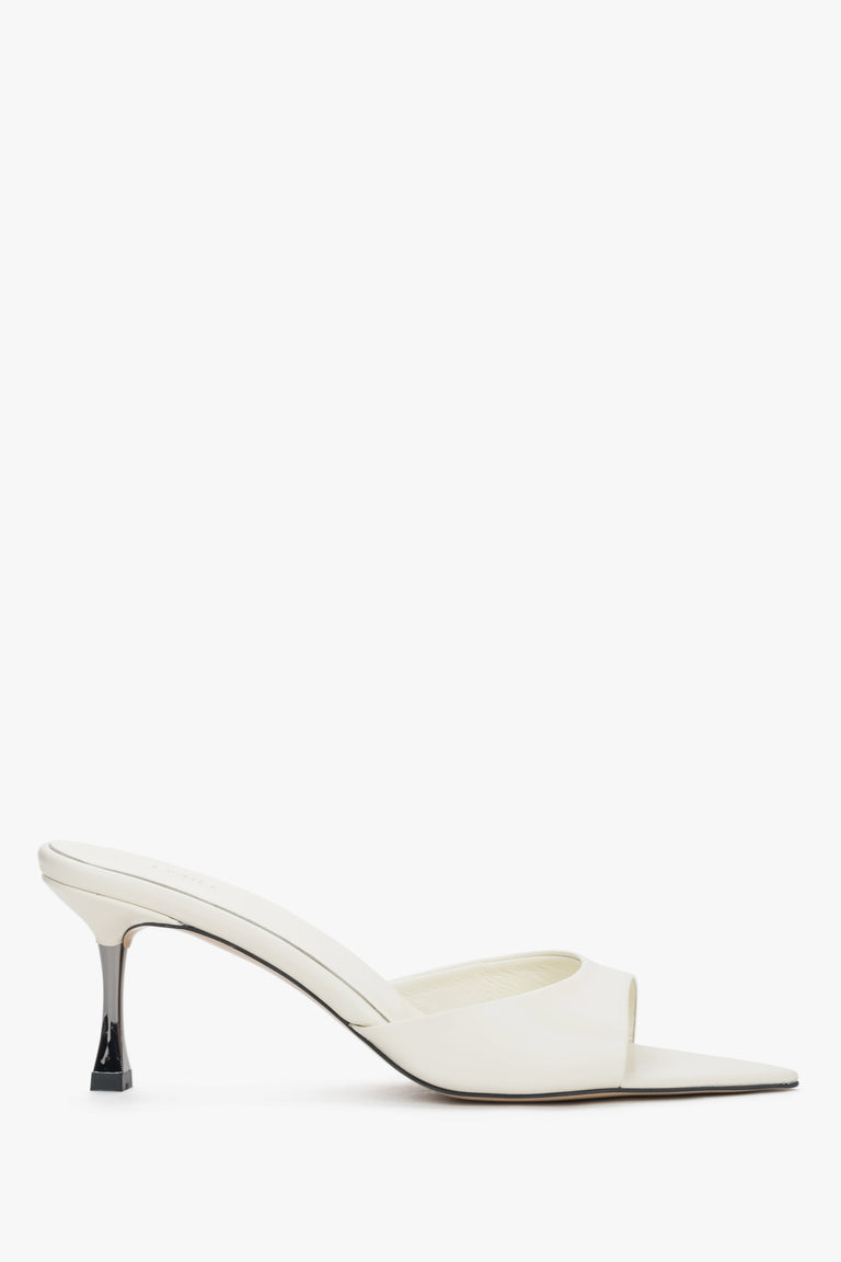 Side view of women's cream beige leather heeled mules by Estro