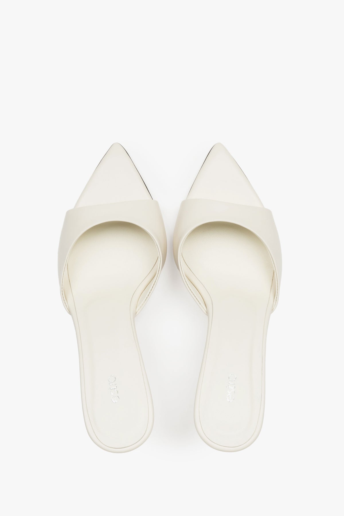 Top view of women's cream beige leather heeled mules by Estro