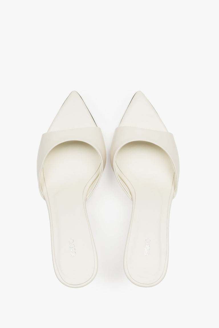 Top view of women's cream beige leather heeled mules by Estro