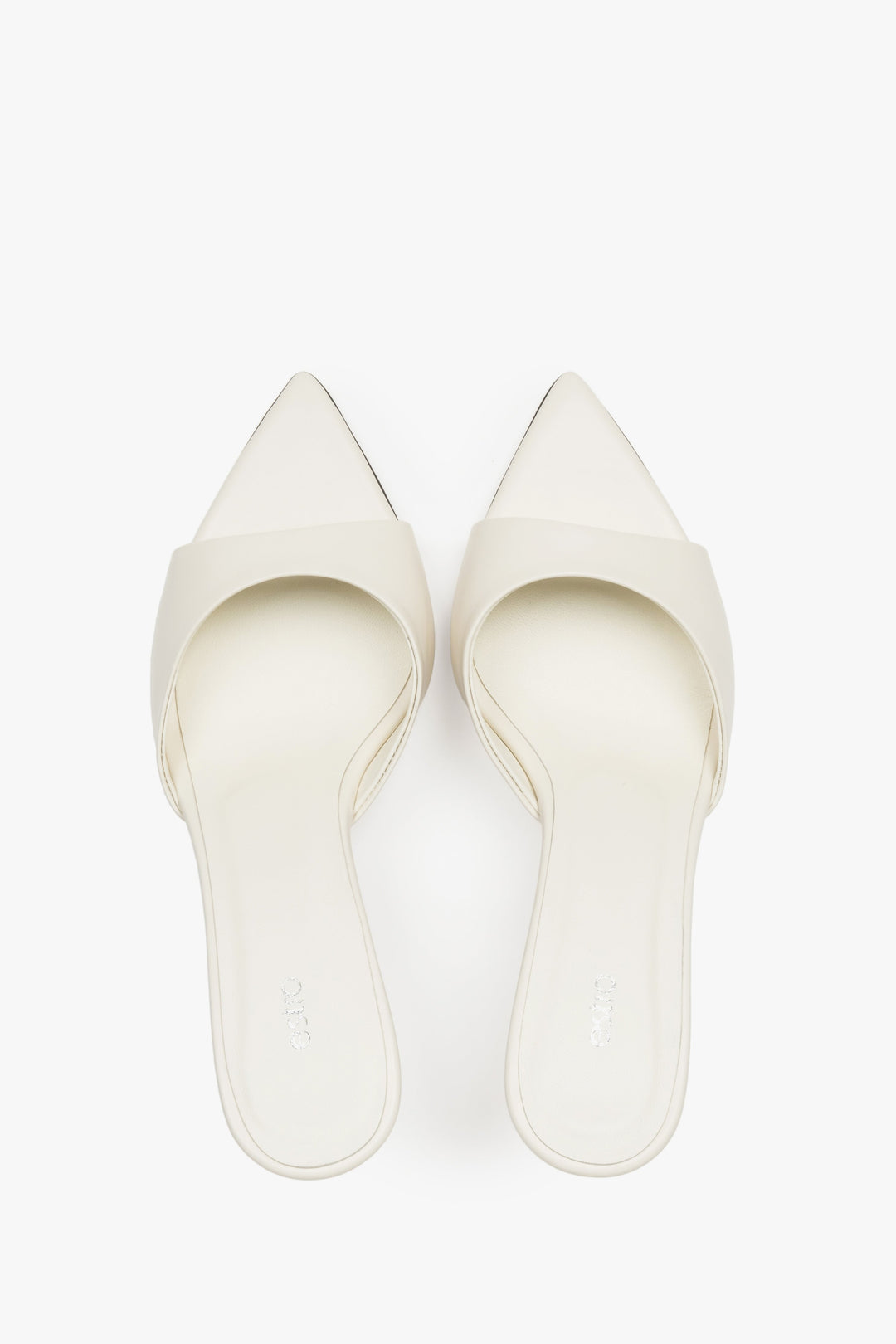 Top view of women's cream beige leather heeled mules by Estro