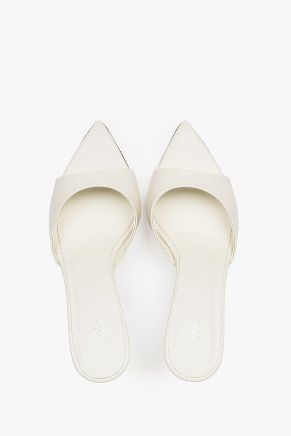 Top view of women's cream beige leather heeled mules by Estro