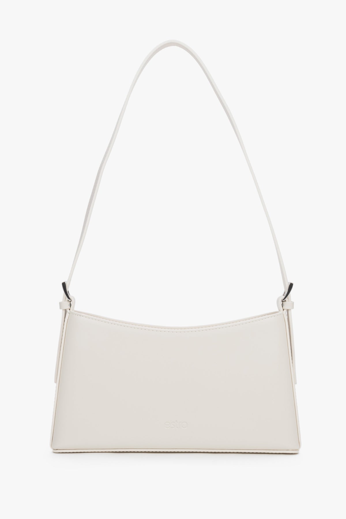 Women's cream beige leather shoulder bag by Estro with slim baguette shape.