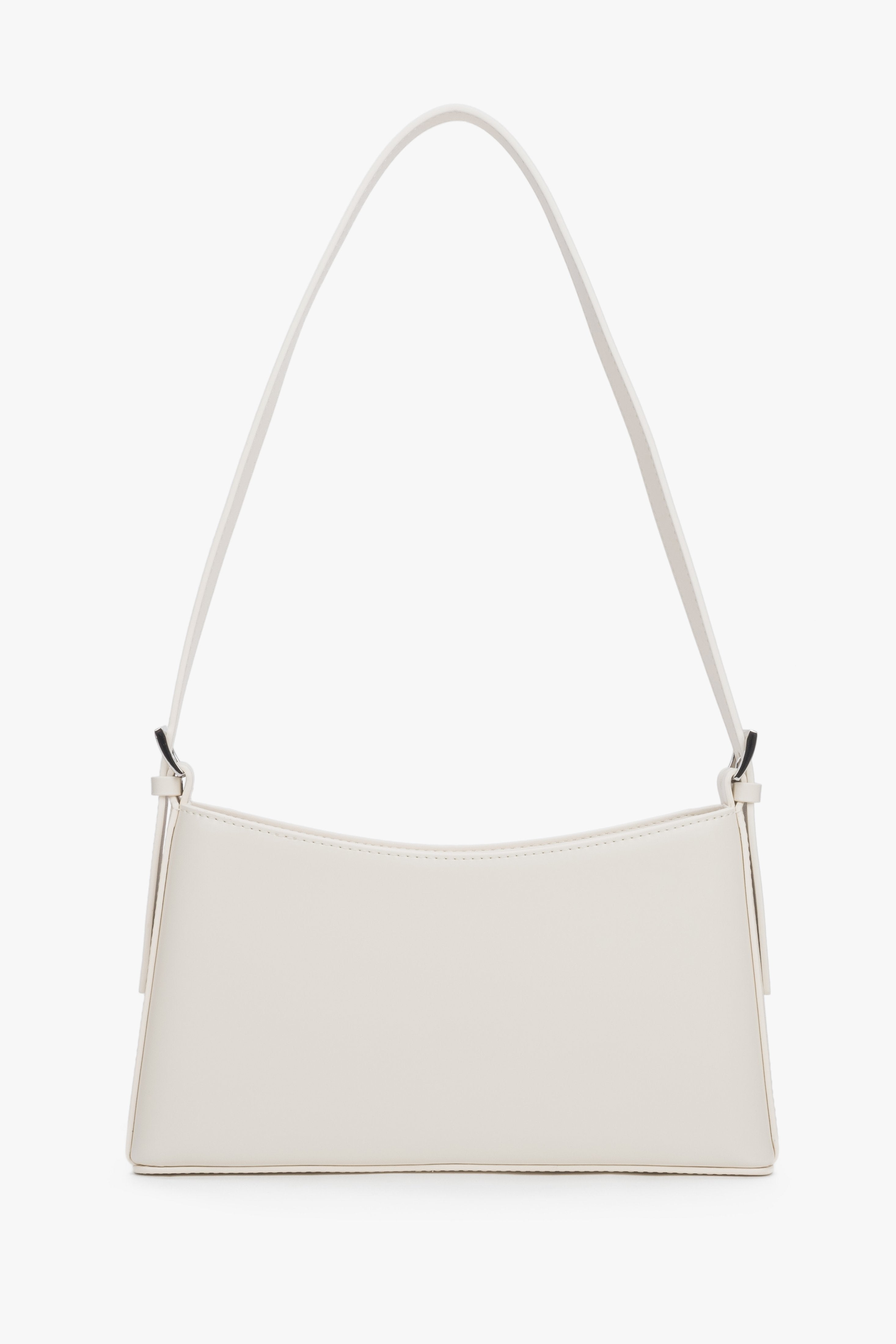 Front view of a cream beige leather shoulder bag with silver-toned hardware.