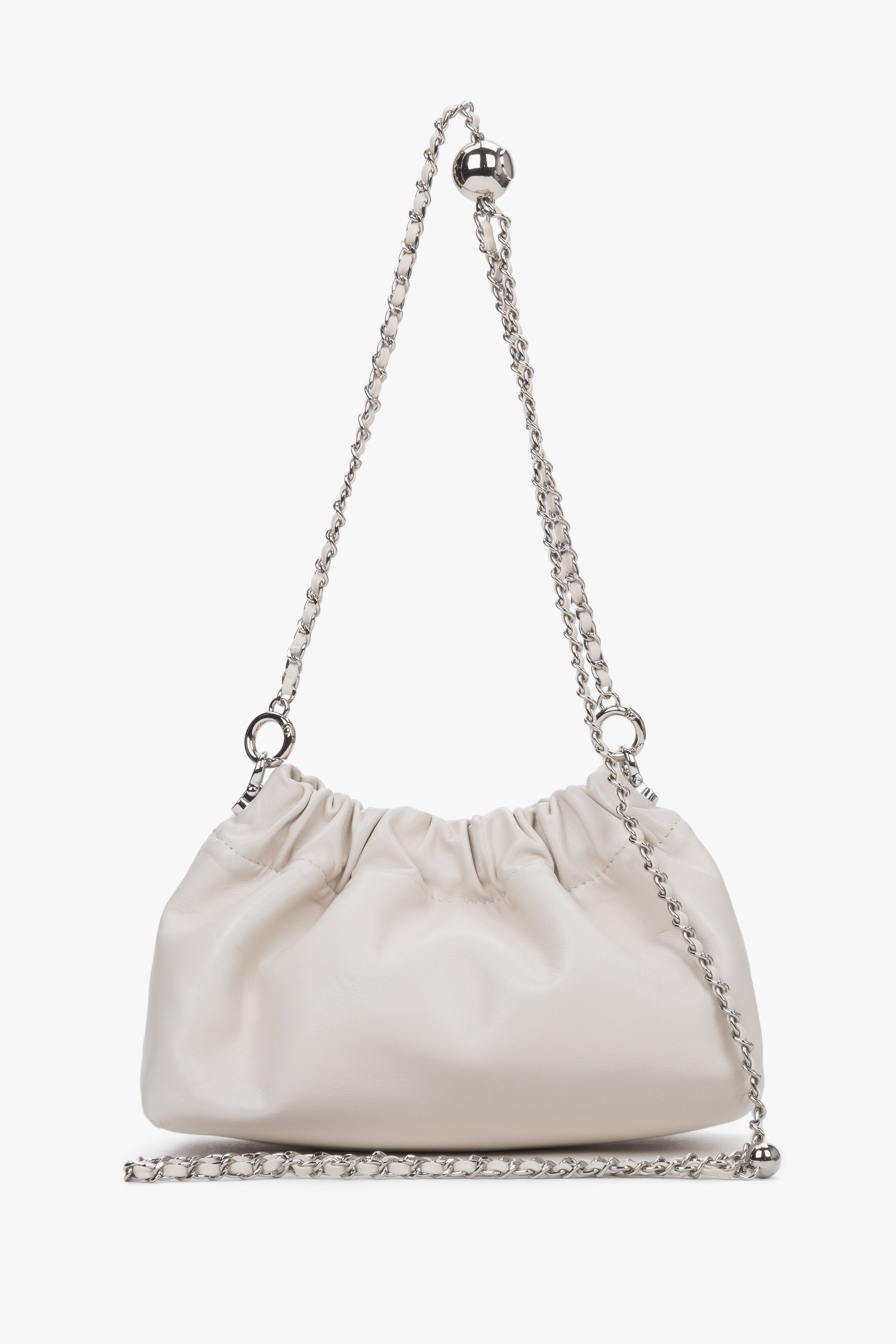 Women's cream beige leather shoulder bag with silver chain strap