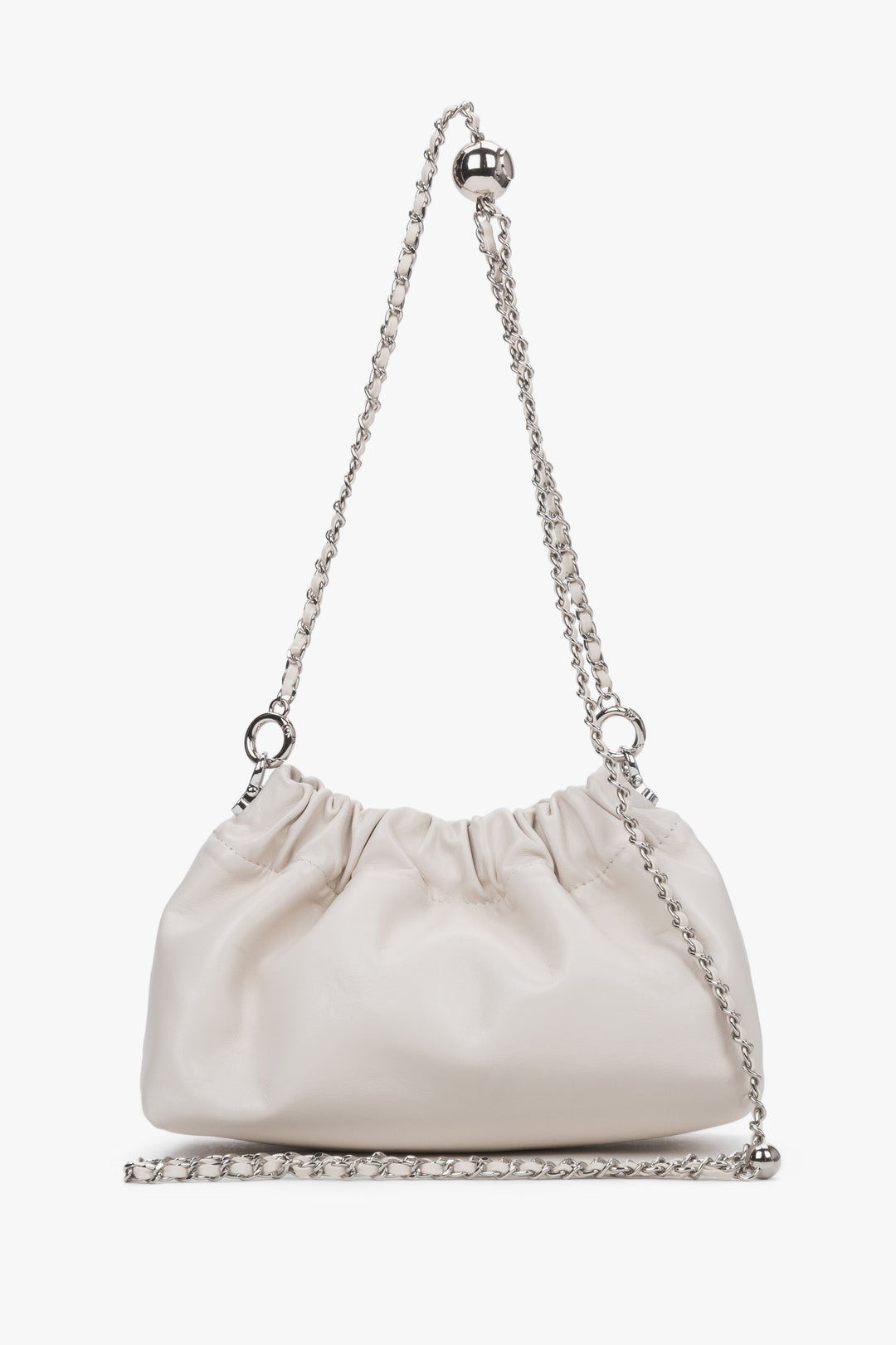 Women's cream beige leather shoulder bag with silver chain strap