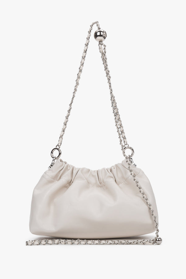 Women's cream beige leather shoulder bag with silver chain strap