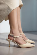 Women's Cream Beige Leather Stiletto Slingbacks with Pointed Toe Estro ER00117179.