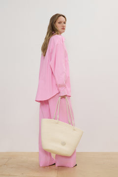 Women's Cream Beige Textile Shopper Bag with Straw Texture Estro ER00119665