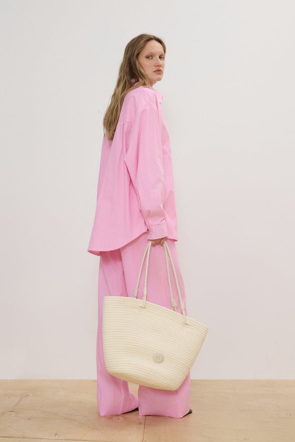 Women's Cream Beige Textile Shopper Bag with Straw Texture Estro ER00119665